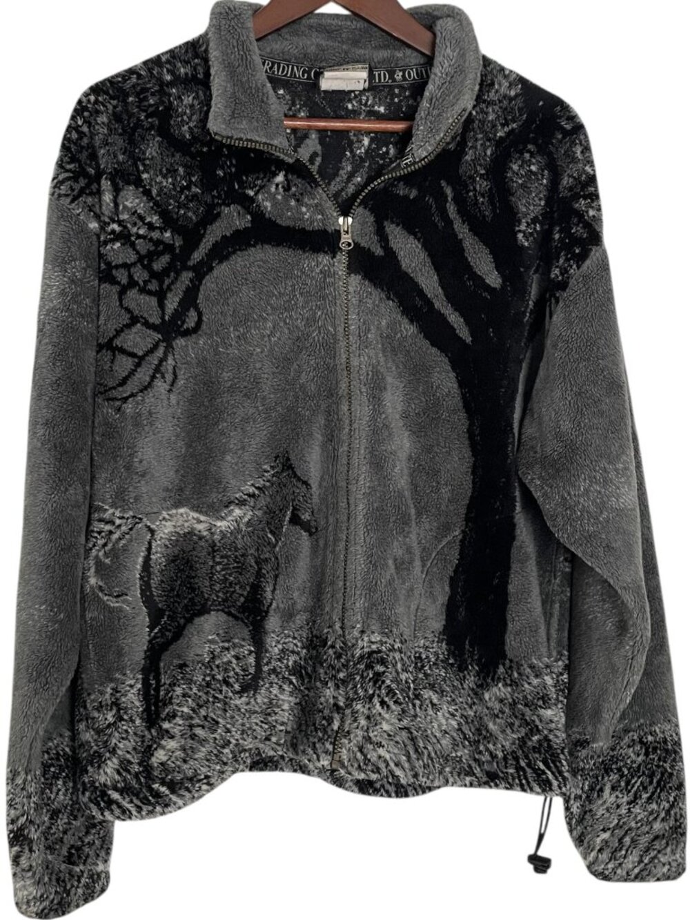 Vintage Outback Trading Co Fleece Zip Up Jacket M Gray All Over Horse Tree Print